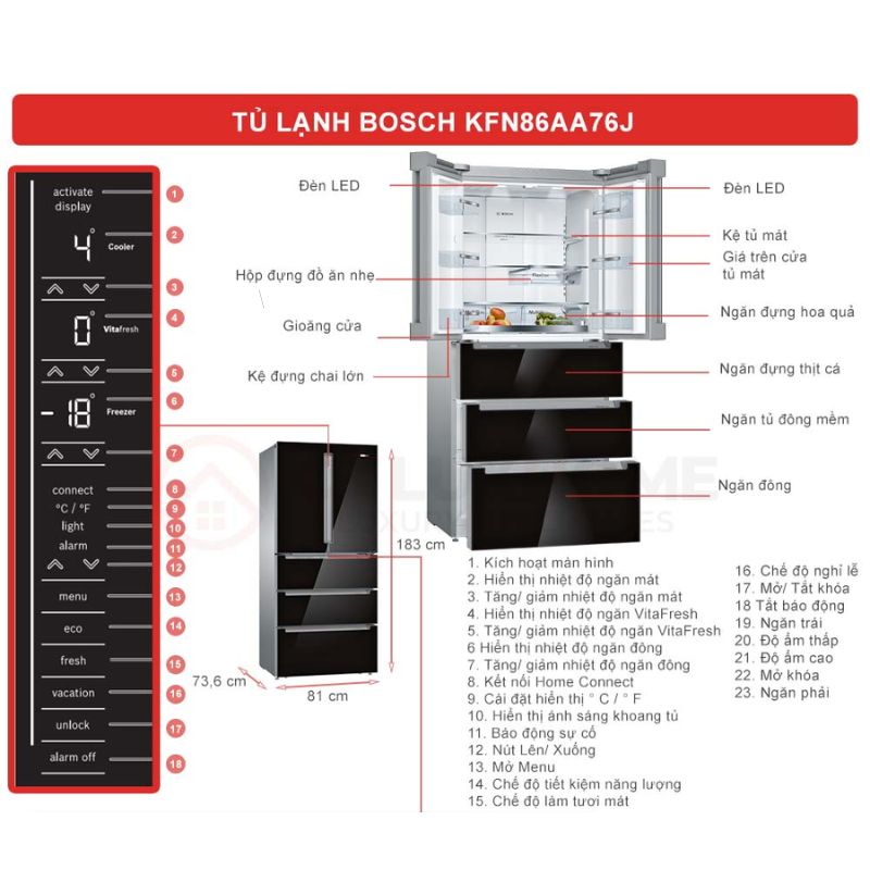 Kích thước tủ lạnh Bosch KFN86AA76J Kích thước tủ lạnh Bosch KFN86AA76J